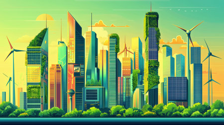 A vibrant illustration of a sustainable city of the future, featuring towering skyscrapers adorned with vertical gardens and solar panels, alongside modern wind turbines generating clean energy forの素材
