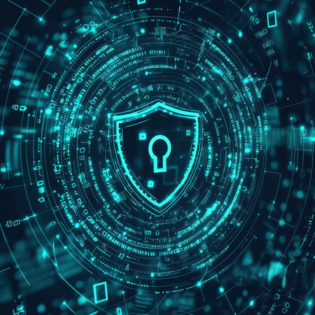 A vibrant blue digital shield with a keyhole icon, representing robust cybersecurity and data protection in a futuristic network environment. This image conveys secure information flow.の素材