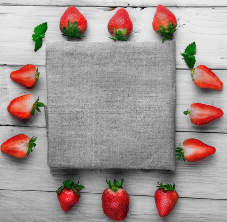 Strawberry.White wooden background.Free space.Lynin clothの写真素材