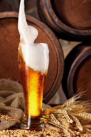 Glass of beer splashing .With wheat and barley and barrels on bakcground.の写真素材