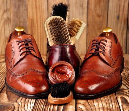 leather shoes brogues with shoe maintenance set.Shoe scareの写真素材