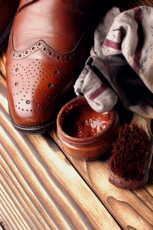 leather shoes brogues with shoe maintenance set.Selective focus.closeupの写真素材
