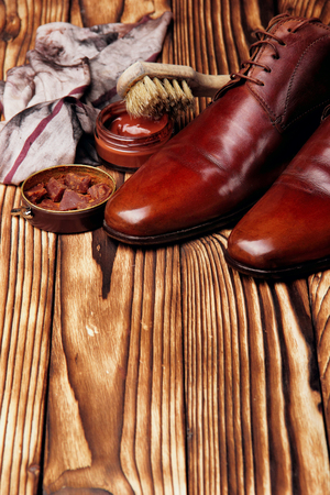 cloth, brushes and wax for polishing shoes.Glance shoes.Selective focusの写真素材