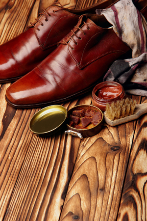 cloth, brushes and wax for polishing shoes.Glance shoes.Selective focusの写真素材
