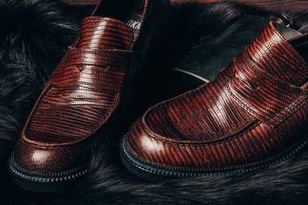 Mocasine shoes of snake skin nose to nose and stainless flask on the fur. Fire red wooden background.の写真素材