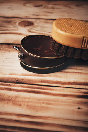 wax and brush.Vintage.Paste lbrown.Accesories for shoe careの写真素材