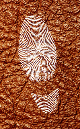 Handmade shoes symbol. Manufactured shoes concept.Silhouette of shoes track from fingerprint.On brown leatherの写真素材