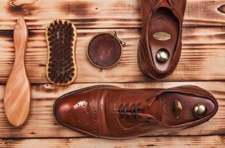 Oxfords shine Brushes and wax.Waxing. Bull shoes.Finger polish.Glacage.Shoes careの写真素材