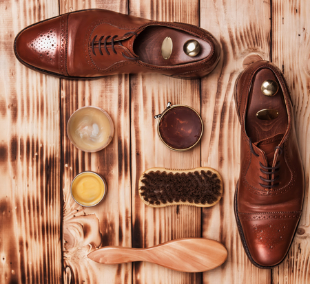 Oxfords shine Brushes and wax.Waxing. Bull shoes.Finger polish.Glacage.Shoes careの写真素材