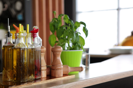 Oil bottle on a table at restaurantの写真素材