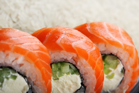 Philadelphia roll sushi with salmon, prawn, avocado, cream cheese. Sushi menu. Japanese food Closeupの写真素材