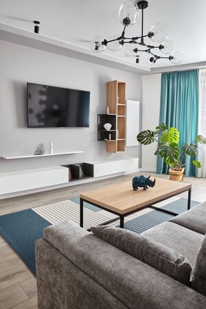 Modern Living Room .Grey sofa ,carpet and curtains.Modern floor lamp. Wooden coffee table.White cyan colorsの写真素材