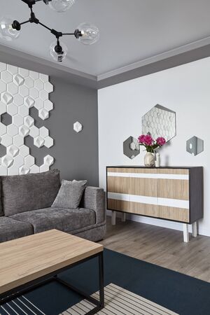 Modern Living Room .Grey sofa and cyan blanket,carpet and .Decorative honeycomb on the wall.Coffe table. Design interior. Grey,white cyan colorsの写真素材