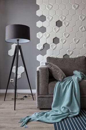 Gray sofa with cyan blanket , floor lamp. Interior with grey wall with white honeycomb on the walls.Background.の写真素材