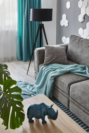 Modern Living Room .Grey sofa and cyan blanket,carpet and curtains.Decorative honeycomb on the wall.Modern floor lamp. Design interior. Grey,white cyan colorsの写真素材