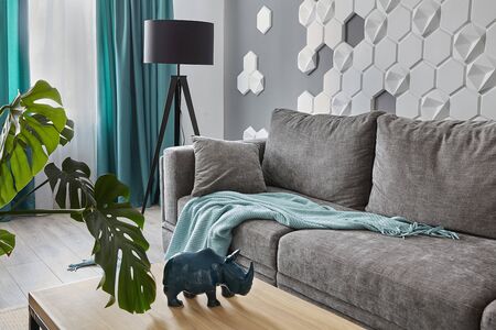 Modern Living Room .Grey sofa and cyan blanket,carpet and curtains.Decorative honeycomb on the wall.Modern floor lamp. Design interior. Grey,white cyan colorsの写真素材