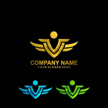VV letter with people and wings - logo design vectorのイラスト素材
