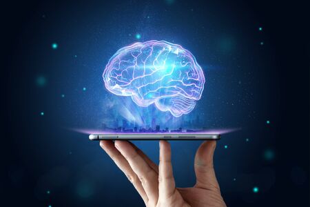 The image of the human brain, a hologram, a dark background. The concept of artificial intelligence,...