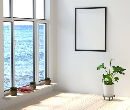 Mock up a modern interior. Room with large windows overlooking the sea. Books and flowers in a...