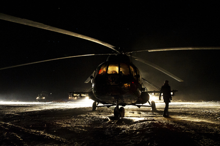 Russian Search and Rescue forces prepare their helicopters for takeoff in support of the Soyuz TMA-02M spacecraf. This image furnished by NASAのeditorial素材