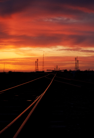 The sun rises behind the Soyuz launch pad shortly. This image furnished by NASAのeditorial素材