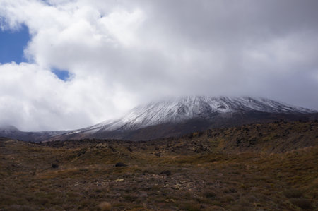 Tongariro National park in New Zealand in cloudy weather. Famous Tongariro alpine crossing hikeの写真素材