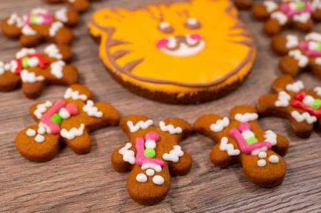 Close-up of a gingerbread men with glaze put around the tiger-shaped orange gingerbread cookie on a...