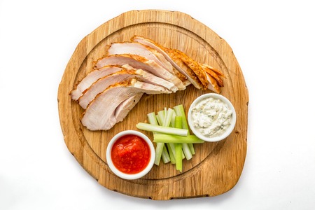 Smoked duck and Sausage on oak white backgroundの写真素材