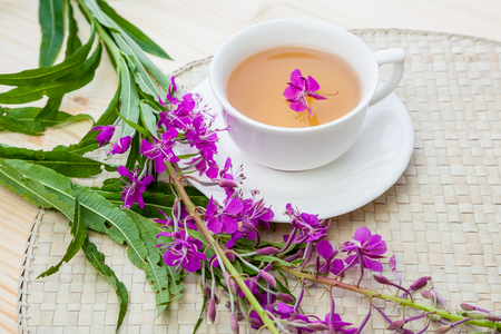 tea from fireweed in glass mugの写真素材
