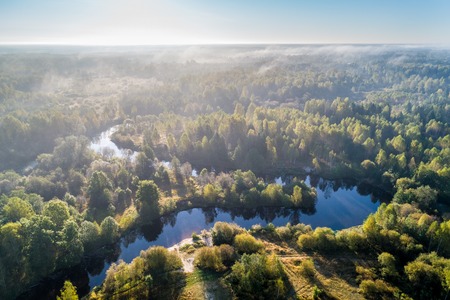 aerial view panorama of the forest with a river and a fieldの写真素材