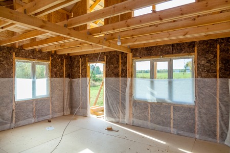 The interior of the frame house in process of construction villageの写真素材