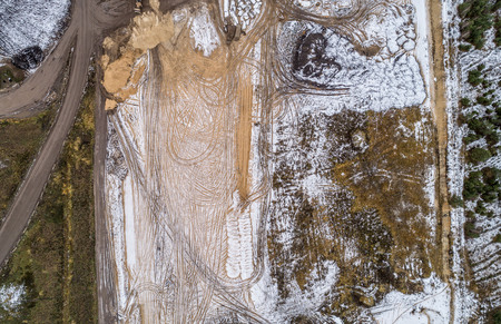 alignment of the construction site with sand, drone shooting, autumn