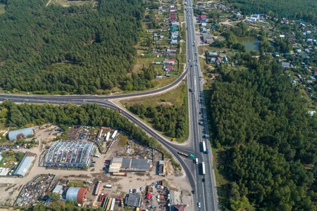 interchange long-distance highway view from drone in summer