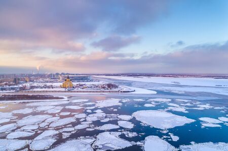 Spring ice drift in Nizhny Novgorod, on Strelka, the confluence of the Oka and Volga. Shooting from a heightの写真素材