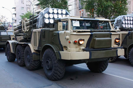 The Uragan salvo fire system, Rostov-on-Don, Russia, May 6, 2009. Preparation for the Victory Parade