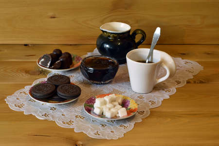 A cup of coffee and biscuits, Rostov-on-Don, Russia, April 5, 2017の写真素材