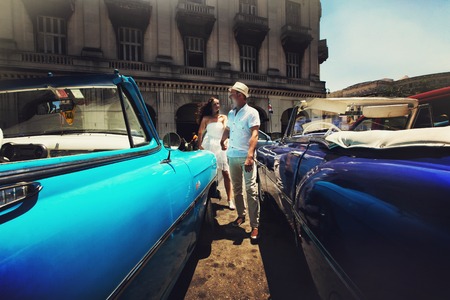 Happy couple  walking at the old city backgroundの写真素材