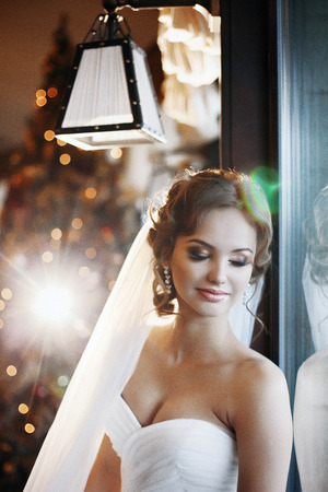 Beautiful bride posing near window, christmas tree backgroundの写真素材