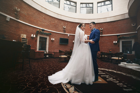 Happy couple of newlyweds hugging in luxury reception hallの写真素材