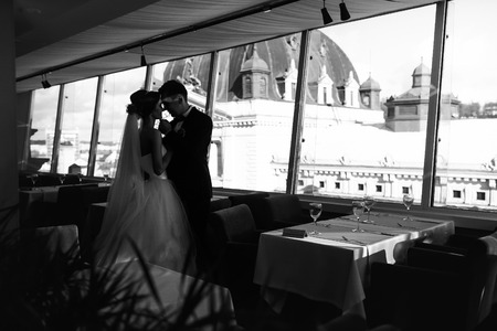 Fiance holds bride's chin while standing before  panoramic windows in restaurantの写真素材