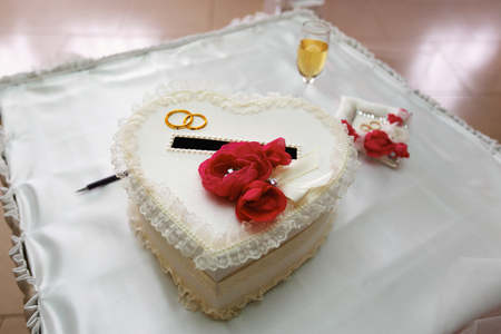 White table prepared for signing engagement documentsの写真素材