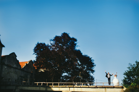 Bride and goom jump behind an old castle on bright summer dayの写真素材