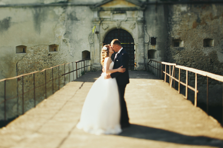 Newlyweds kiss on the bridge in the front of old castleの写真素材