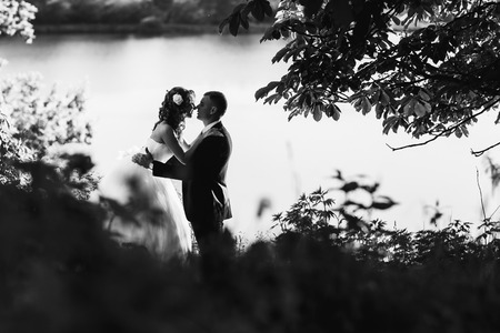Groom and bride on the natire - a kiss behind a lakeの写真素材