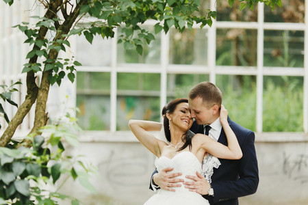 Groom hugs a bride from behind standing under the treesの写真素材
