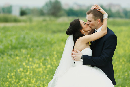 A passion kiss of newlyweds in the open airの写真素材