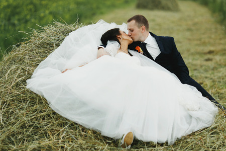 Newlyweds kiss on the  bottle of hayの写真素材