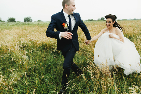 Newlyweds run across the field holding their hands togetherの写真素材