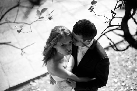 Man kisses a woman under the naked autumn branchesの写真素材