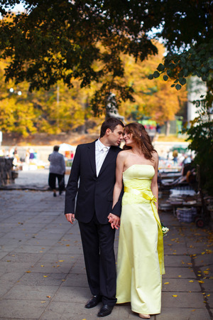Wedding couple poses in the autumn parkの写真素材